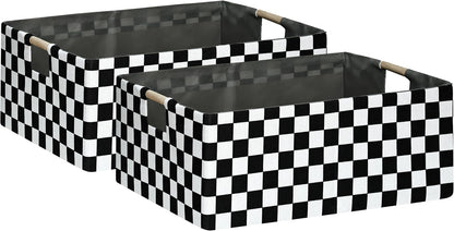 Checkered Storage Basket Foldable Nursey Box | 16.9" Storage Cube for Women Closet Organizer Boys Car Toys Bins with Handles | Sturdy Cardboard & Washable Fabric 2Pack