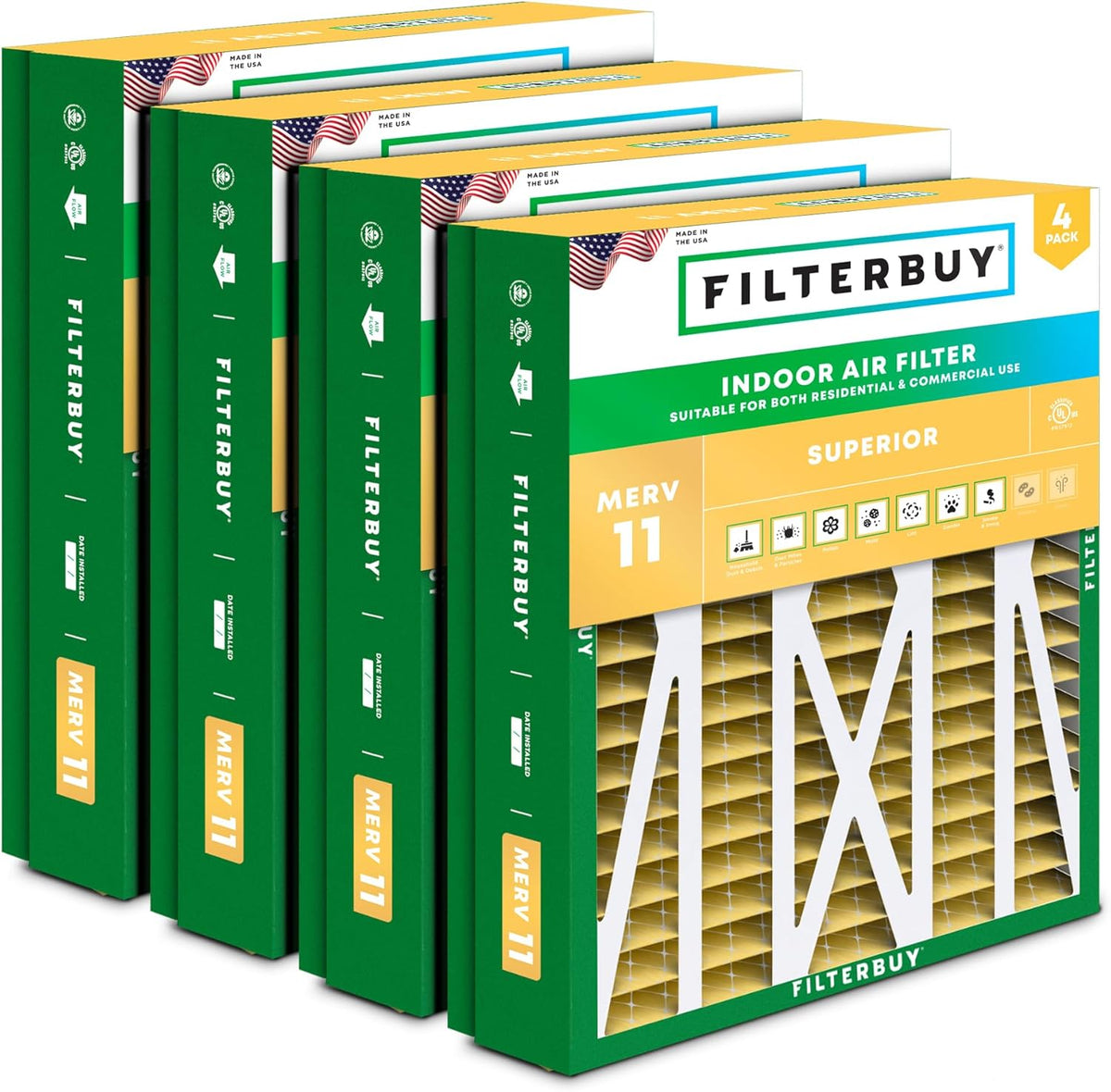 Filterbuy 21x21.5x5 Air Filter MERV 11 Superior Pet & Allergy Defense (4-Pack), Pleated HVAC AC Furnace Filters for Trane Perfect Fit & American Standard (Actual Size: 20.00 x 21.09 x 4.97)