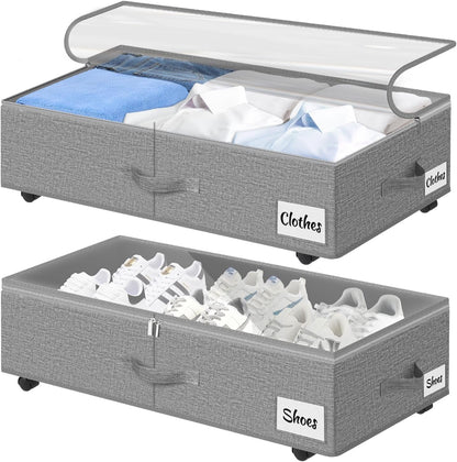 2 Pack Under Bed Storage with Wheels 6.7" Height, Rolling Storage Bins XL 50L, Underbed Shoe Storage Containers with Label & Clear Lid, Dorm Under bed Drawers for Clothes, Shoes, Quick Assembly, Grey