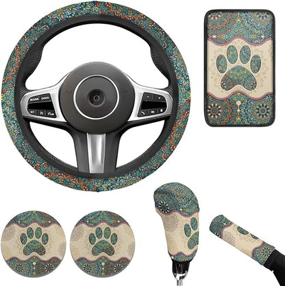 Dog Claw Car Steering Wheel Covers Set Bohemian Print Car Interior Accessories Cup Holder,Handbrake Gear Cover for Vans Truck SUV