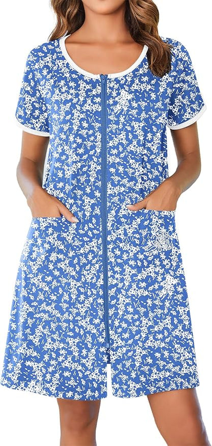 Ekouaer Zip Up Robes for Women Short Sleeves Zipper House Coat Short Bathrobes Lightweight Nightgown with Pockets S-3XL