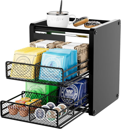 Tea Bag Organizer Box - Wooden Tea Bag Storage with 2 Drawers, Holder & Dispenser for Kitchen Countertop, Office, Tea Station (Black)