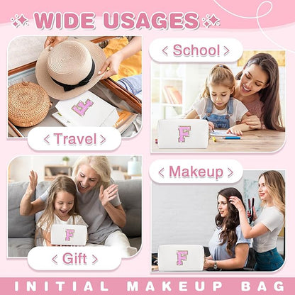 Small Initial Patch Makeup Bag Personalized Gifts Make Up Bag,White Cute PU Leather Glitter Letter Cosmetic Bag with Zipper,Trendy Portable Travel Toiletry Pouch,Preppy Stuff for Teen Girls Women F