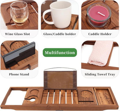 VaeFae Premium Teak Bathtub Tray, Expandable Wooden Bath Tray for Tub, Luxury Bathtub & Bathroom Accessories, Great House Warming, Anniversary & Wedding and Birthday Gifts (Free Teak Body Brush)