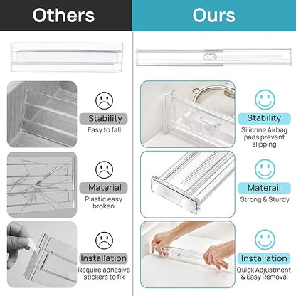 Vtopmart 4 Pack 2.36" Short Upgrade Drawer Dividers for Kitchen Drawer, 12.8"-22.3" Expandable Kitchen Drawer Organizer, Clear Plastic Organizer Separator for Flatware, Utensil, Cutlery, Underwear
