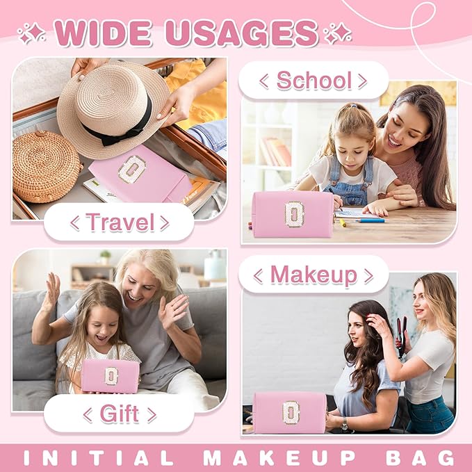 Small Personalized Initial A-Z Patch Makeup Bag,Pink Cute PU Leather Glitter Letter Cosmetic Bag for Teen Girls,Travel Toiletry Bag with Zipper,Preppy Monogrammed Birthday Gift for Daughter Niece O