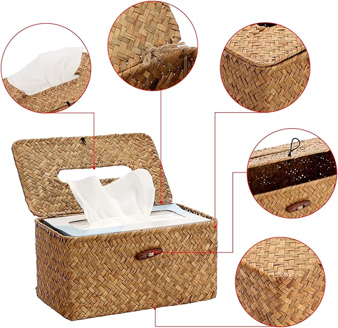 Sumnacon Tissue Box Cover Large Rectangle Tissue Box Seagrass Tissue Box Holder Woven Tissue Holder Decorative Tissue Cover for Bathroom Tissue Box Cover Rectangular for Home Office Table Coffee