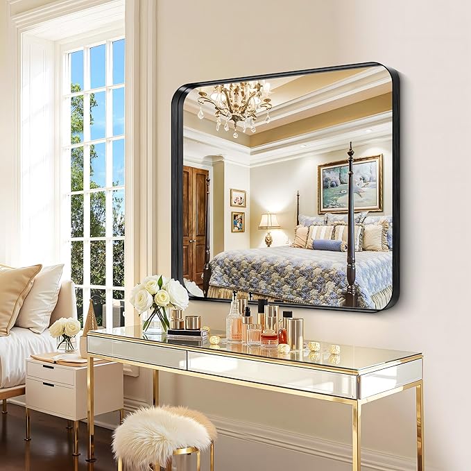 CIRCUMI Black Bathroom Mirror, Rounded Corner, Tempered Glass, Mirror