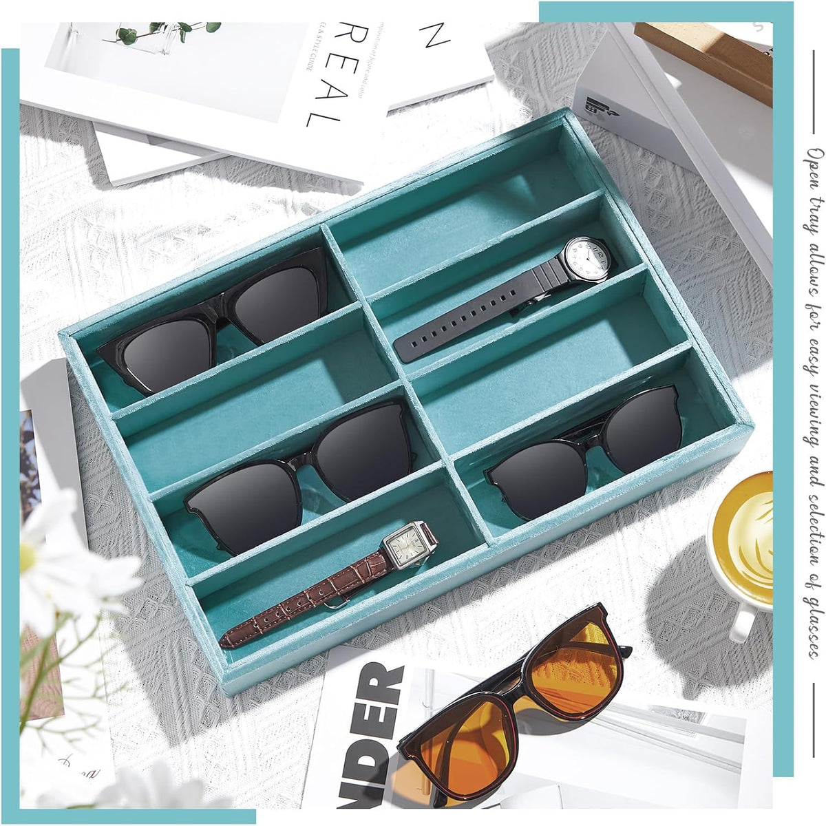 Amylove 2 Pcs Sunglass Organizer Trays Glasses Stackable Jewelry Trays Sunglass Organizer Display Box(8 Grids,Light Blue)