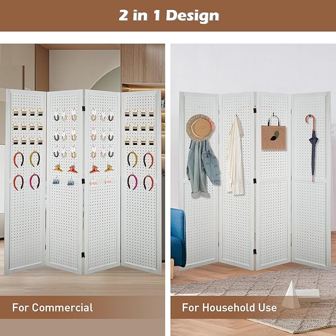 ECOMEX 4 Panel Room Divider, 5.6Ft Pegboard Display Wooden Room Divider Folding