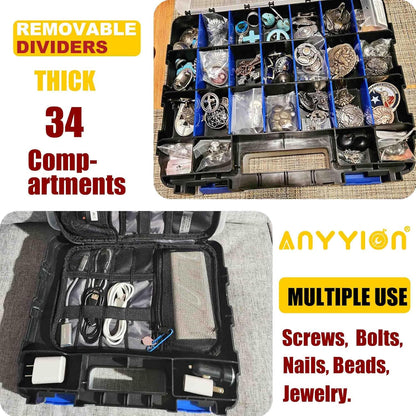 Anyyion Small Parts Organizer, 34-Compartments Double Side parts organizer with Removable Dividers for Hardware, Screws, Bolts, Nails, Beads, Jewelry. (1, Blue)