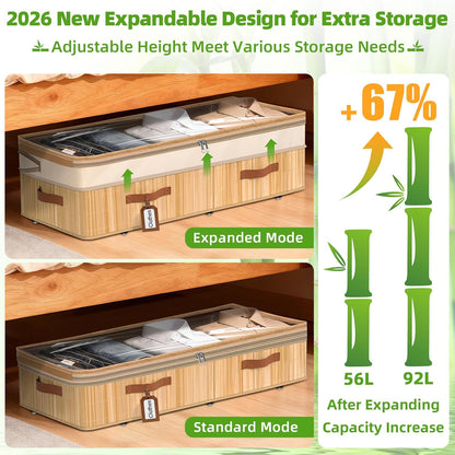 Livole 2 Pack Bamboo Under Bed Storage with Wheels, 6-10 inches Height Adjustable Underbed Storage Containers, 92L XXXL Large Rolling Under Bed Storage Bins for Clothes, Blankets, Sweater, Shoes