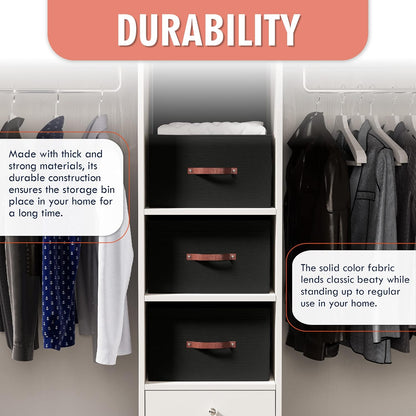 Ornavo Home 6 Pack Collapsible Storage Bins with Lid, Foldable Linen Fabric Shelf Storage Basket Closet Organizer and Large Storage Box for Clothes with Leather Handles, 16.5 x 11.8 x 7.5, Black