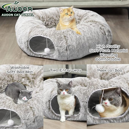 AUOON Plush Cat Tunnel Bed for Indoor Cats, 36" L x 36" W x 11.5" H, Khaki | 2 in-1 Interactive Cat Toy, with Hanging Ball Toy, Machine Washable Center Pad, for Kitten Puppy Rabbit Ferret