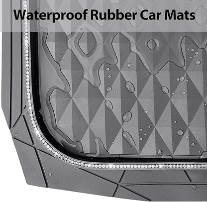 CAR PASS Bling Diamond Rubber Car Mats, Heavy Duty Deep Dish All-Weather Floor Mat Full Set Anti-Slip 3D Rhombus Waterproof Trim Fit Liner Universal Glitter Sparkly Shining Rhinestone, Gray Rubber