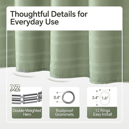 TURKIO Sage Green Shower Curtain Waffle Weave Shower Curtain Striped Fabric Shower Curtains for Bathroom, Green Bathroom Decor, (72Wx72H, Sage Green)