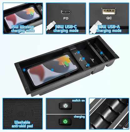 Wireless Charger for F150 2009-2023, Center Console Organizer Box Fast Wireless Chargering with USB-A USB-C Port for Ford F150 2009-2021 2022 2023 Accessories