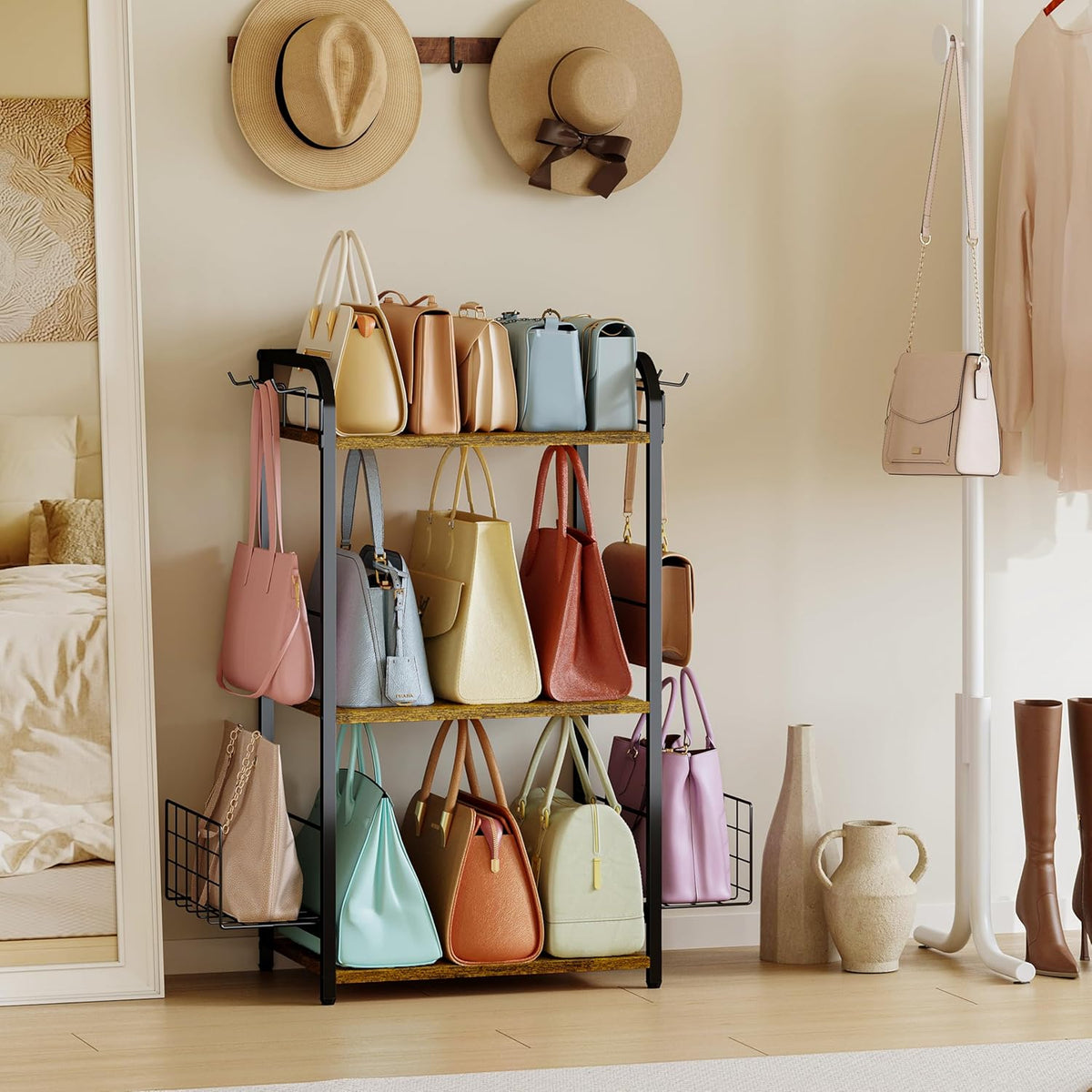 Iron & Wood Floor-Standing 3-Tier Purse Rack with Adjustable Feet, High-Capacity Bag Organizer for Closet, Patent Pending