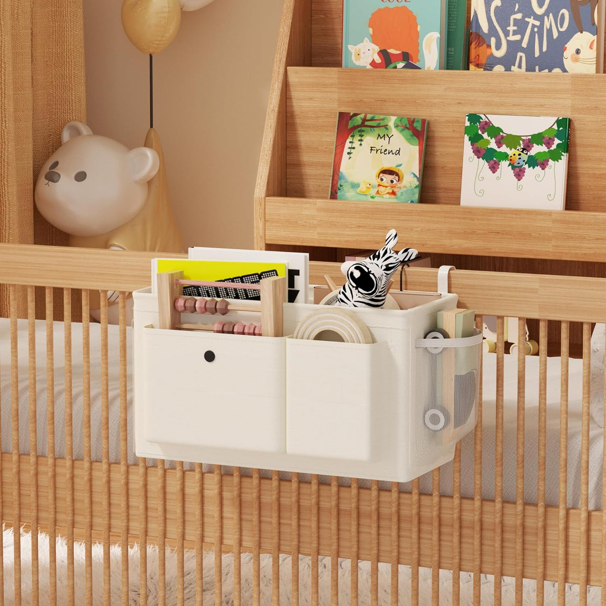 Bedside Caddy Bedside Organizer with Fixed Straps & Water Bottle Holder, Bunk Bed Caddy ideal for Home, Dorm, Hospital, Crib, Versatile Bedside Storage Solution (White)