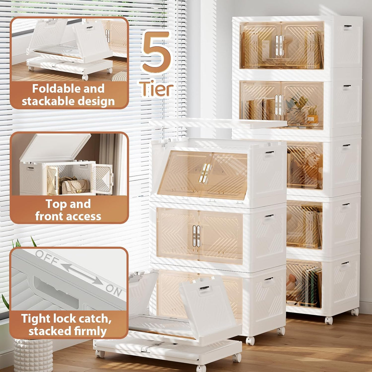 Storage Bins with Lid 76QT, Stackable Storage Containers with Wheels and Magnetic Doors, Plastic Clothes Closet Organizers and Storage Box for Home and Office (5 Pack)