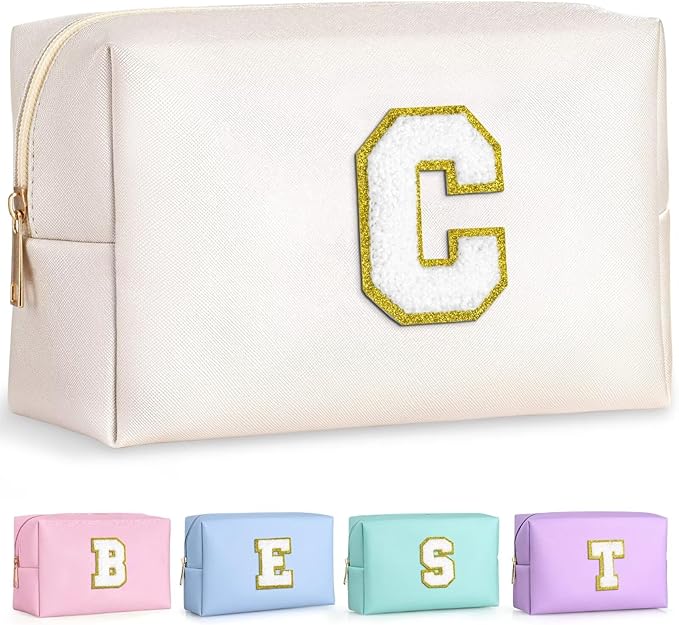 TOPEAST Gifts for Friends Female Mom, Cute Makeup Bag Small Pink Cosmetic Bag Travel Toiletry Bag, Personalized Birthday Gift for Women Girl, Preppy Travel Stuff for Girls (White C)