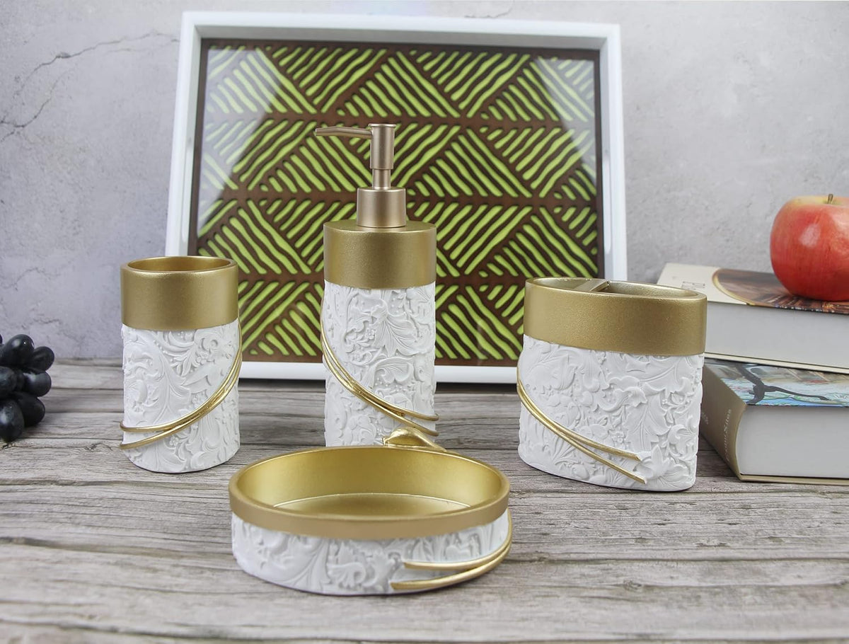 Hymmah Bathroom Accessories Set,Golden Design Toothbrush Holder,Farmhouse Bathroom Decor,4 Pcs Resin Gift Set Apartment Necessities, Contain Toothbrush Cup,Soap Dispenser,Soap Dish,Tumbler