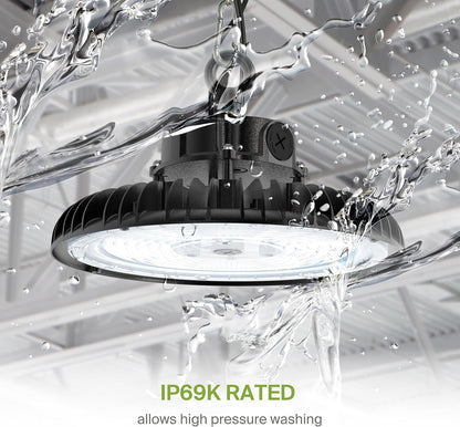 ASD LED High Bay UFO Light Fixture, Commercial Shop Lighting | Dimmable, IP69K Waterproof, DLC Premium, UL Listed | 150W 23000LM 5000K 100-277V | Warehouse, Garage, Workshop, Barn Lamp | Black