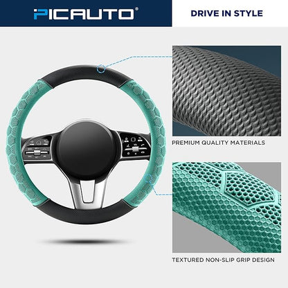 PIC AUTO Massage Steering Wheel Cover, Mint Football Pattern Material Spliced Leather Car Steering Wheel Protector, Car Interior Accessories, Universal Fit 14.5"-15.5" for Cars, Trucks, Van, SUV