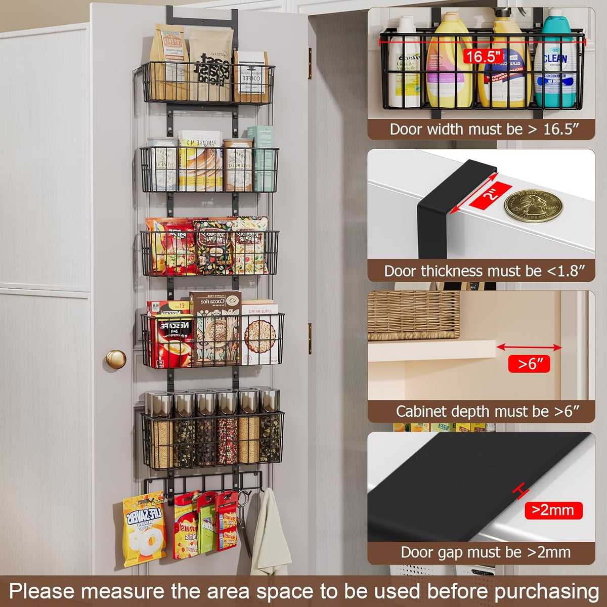 Adjustable Over The Door Organizer, Metal Hanging Door Organizer with 5 Wire Basket 7 Hooks, Wall Mounted Shelf for Pantry Laundry Organization and Storage, Black