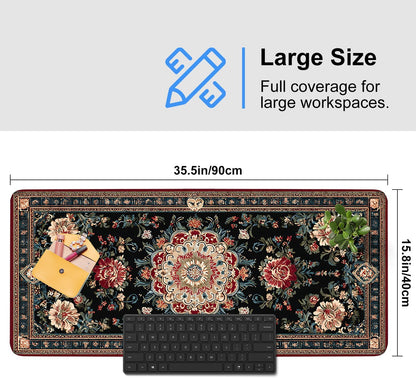 Vintage Persian Carpet Mouse Pad – Large Extended Desk Mat 35.43 x 15.75 in – Oriental Floral Rug Design, Non-Slip Rubber Base, Stitched Edges, Soft Keyboard & Mouse Mat for Office or Gaming