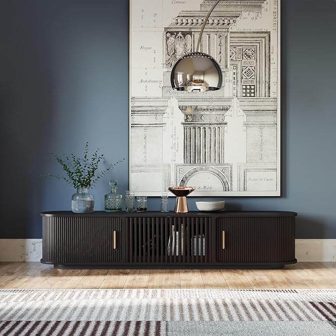 POVISON Fully-Assembled Mid Century Modern TV Stand, Sliding Tambour Door