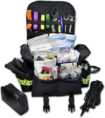 Lightning X Personalized First Responder EMT EMS Trauma Bag w/Stocked First Aid Fill Kit B & Custom Embroidered Name Patch (Black)
