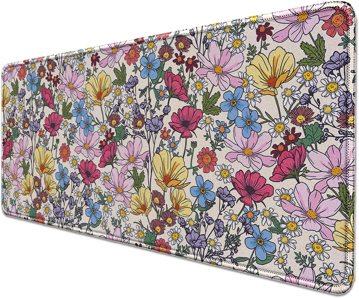 Colorful Flowers Mouse Pad,Large Floral Mousepad Desk Pad with Stitched Edges,Non-Slip Waterproof Rubber Base Mouse Mat for Office Computer Keyboard Laptop Home(27.5x11.8 in)