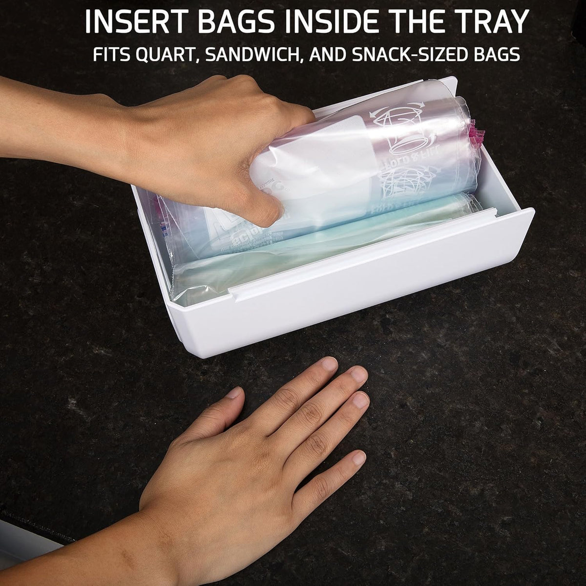 ELYPRO Dispenser for Ziplock Bags size Quart, Sandwich, and Snack Bags | Under-Cabinet or Shelf Mount | Easy Front-Access Bag Dispensing | Kitchen Organization and Storage Solution