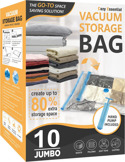 10 Jumbo Vacuum Storage Bags, Space Saver Bags Compression Storage Bags for Comforters and Blankets, Vacuum Sealer Bags for Clothes Storage, Hand Pump Included