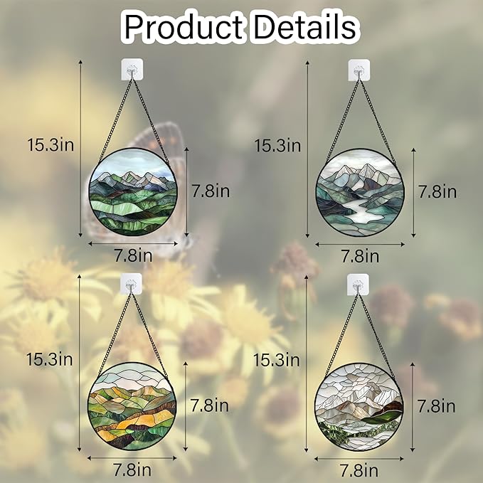 AMDERVEN Stained Glass Window Hanging 4 Pcs Set Mountain River Landscape 7.8"