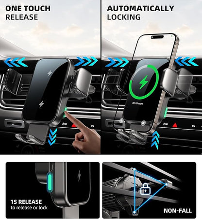 Dual Coil 15W Cup Phone Holder Mount,Wireless Car Charger Auto-Clamping Fast Charging Vent Phone Holders for Your Car for iPhone Series,Samsung Flip S24 S23 S22 Ultra (Black-White)