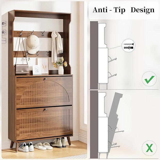 Shoe Cabinet for Entryway with 2 Flip Drawers & Coat Rack, Narrow Hidden Shoe