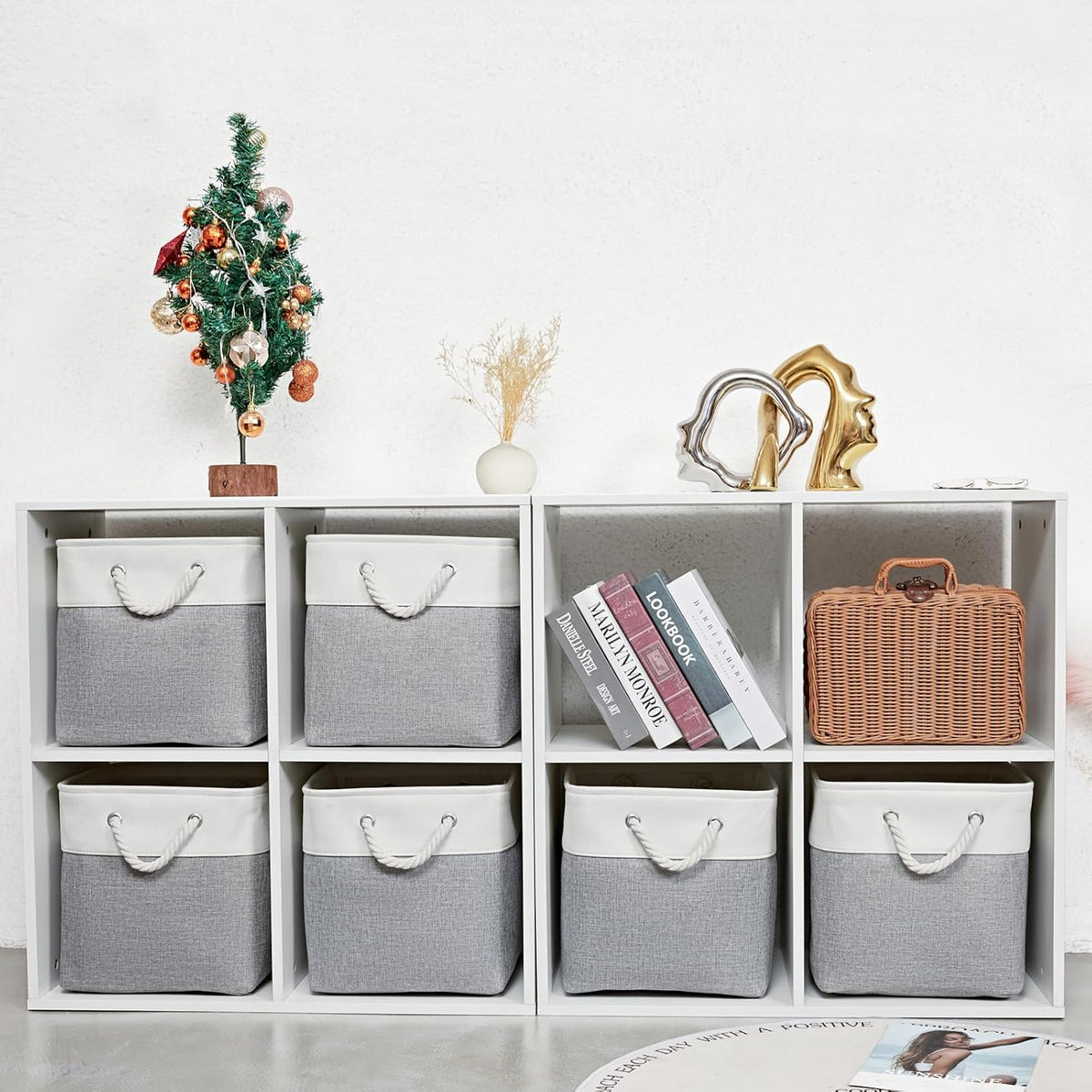 12 x 12 Inch Cube Storage Bins, 6 Pack Large Collapsible Fabric Storage Bin with Ropes, Foldable Storage Cubes for Home, Office,Closet, Clothes, Toys Organizer (White & Grey)