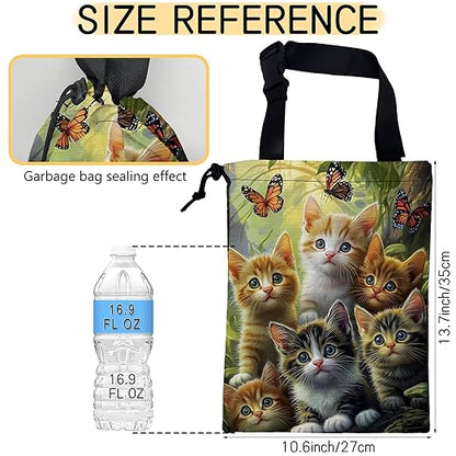 Cute Cats with Butterfly Car Trash Bag, Hanging Drawstring Car Garbage Bag,Canvas Car Back Seat Organizer with Adjustable Buckle for Men and Women