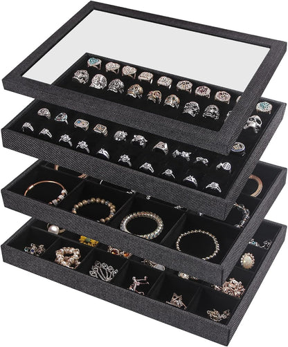 Julysky 4 Pcs/set Stackable Jewelry Organizer Trays with Glass Lid,100 Slots Ring Holder,Bracelet Displays Stand for Selling Necklace Earring Rack