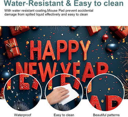 Happy New Year Gaming Mouse Pad 31.5"x11.8"Desk Mat Anti-Slip Rubber Base & Durable Stitched Edges for Gamers Smooth Mouse Writing Surface for Desk Office/Home