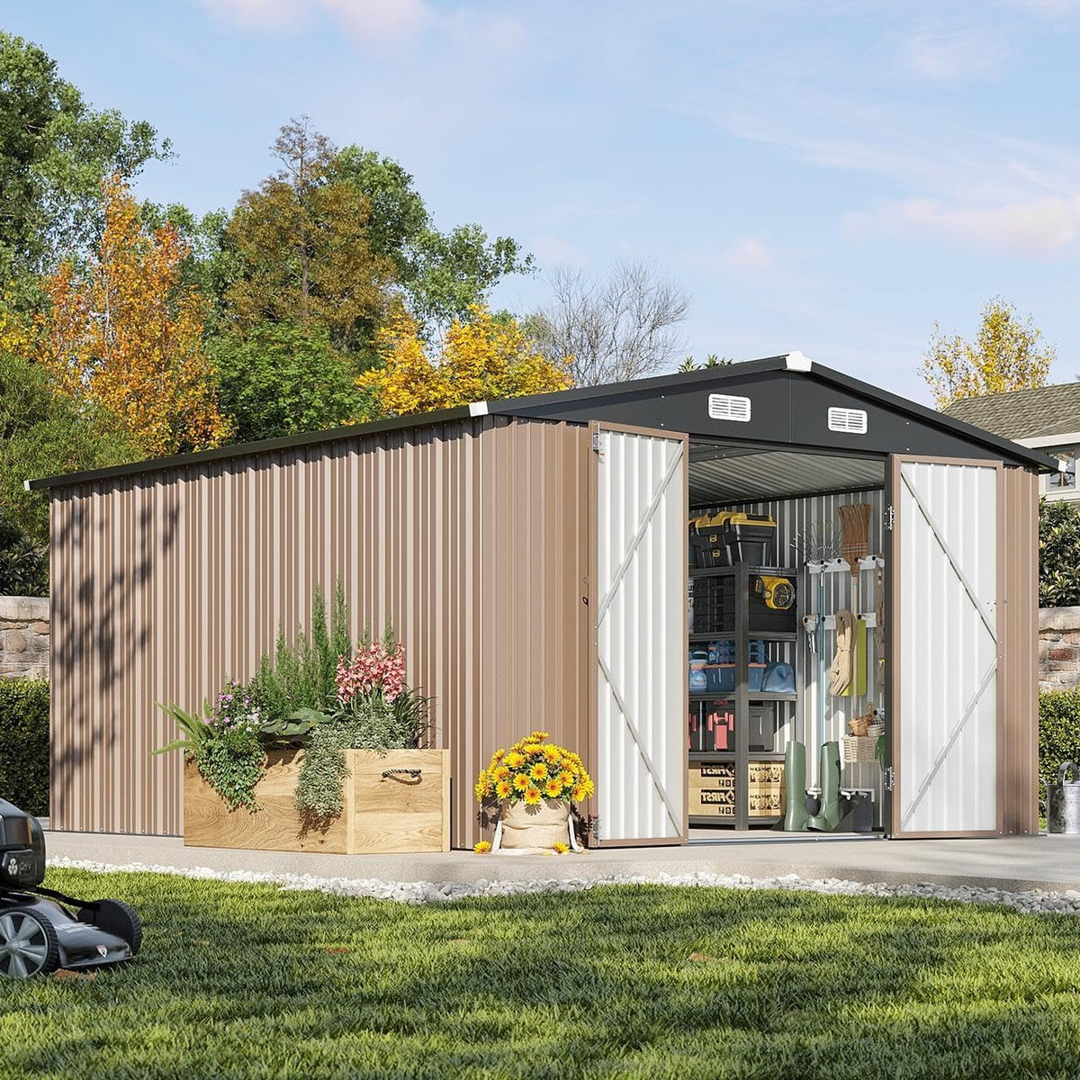 Aoxun 10 x 12FT Outdoor Storage Shed with Double Hinged Large Door Utility Garden Shed with Lockable Door & Sloped Roof Metal Sheds Outdoor Storage for Garden, Backyard, Patio and Backyard, Brown