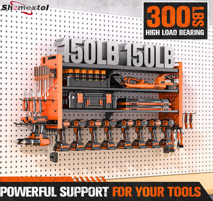Heavy Duty Power Tool Organizer Wall Mount with Charging Station, Large Garage Organization with 10 cordless Drill Holder, 4 Layers Tool Organizers and Storage, Tool Rack with 6 Power Strip,Orange