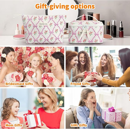 HAOGUAGUA 2 Pieces Makeup Bag, Small Large Quilted Cosmetic Bag, Travel Floral Make Up Toiletry Organizer Bag for Women Girls (2PCS STYLE B-4)