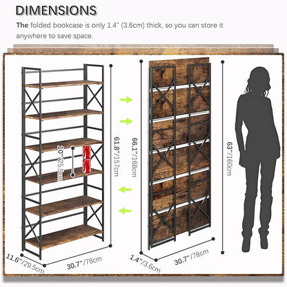 4NM Extra Wide 6 Tiers No Assembly Book Shelves, 61.8" H Folding Bookshelf