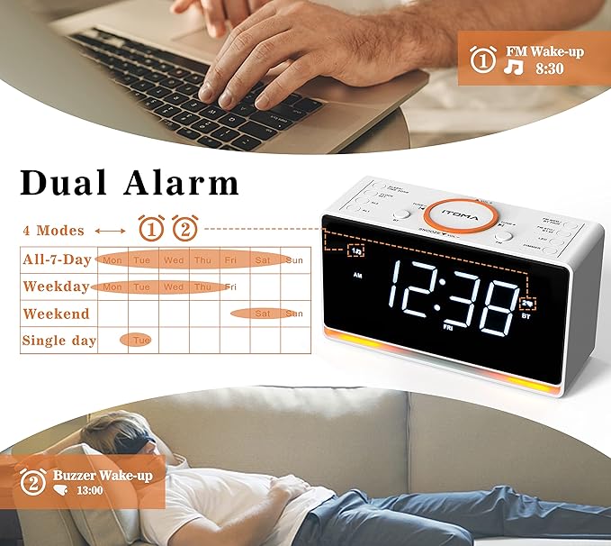 iTOMA Alarm Clock Radio, 1.4" White LED Display Clock