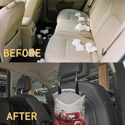 Santa Claus on Red Truck Car Trash Bag, Hanging Drawstring Car Garbage Bag,Canvas Car Back Seat Organizer with Adjustable Buckle for Men and Women