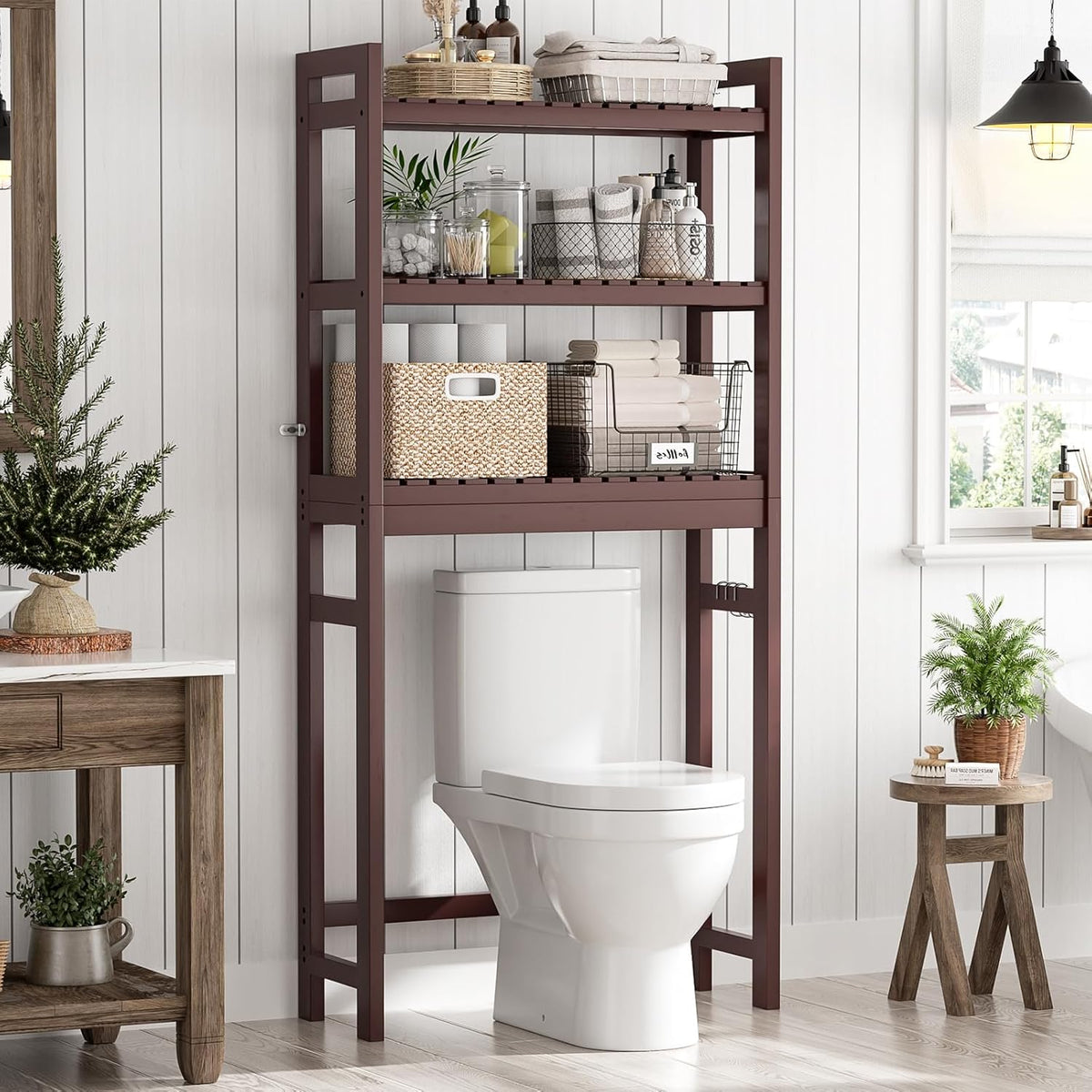 Homykic Over The Toilet Storage, Bamboo 3-Tier Over-The-Toilet Space Saver Organizer Rack, Stable Freestanding Above Toilet Stand with 3 Hooks for Bathroom, Restroom, Laundry, Espresso