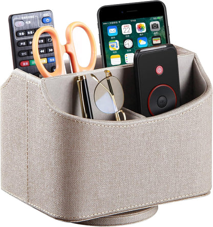PUSU Leather 360°Rotatable Remote Control Holder,Nightstand TV Remote Caddy,Office Supplies Desktop Organizer,Spinning Storage Box for Pen,Mail,Phone,DVD, Blu-Ray, Media Player, Heater Controllers